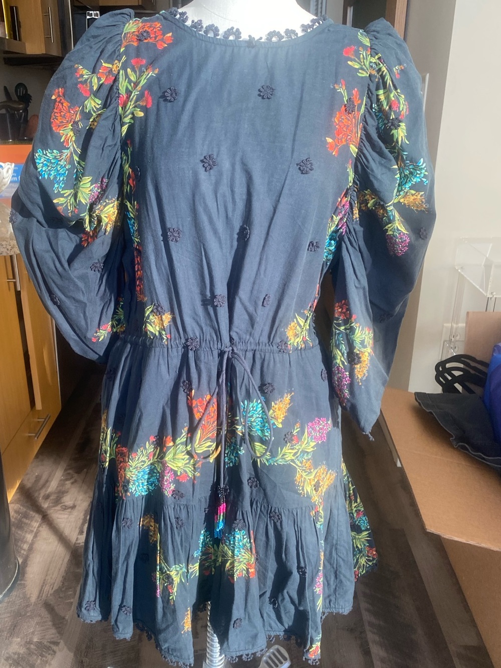 Women’s Navy Floral Embroidered Tiered Dress